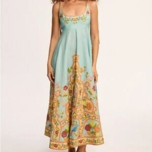 knee length dresses for ladies Miss Circle Paloma Blue Print Linen Corset Draping Top Midi Dress Xs